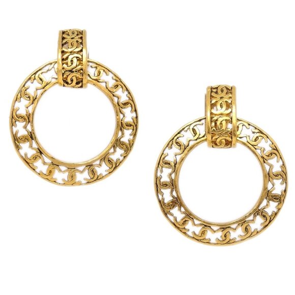 Chanel Gold Dangle Hoop Earrings Clip-On 25 - Picture 1 of 4